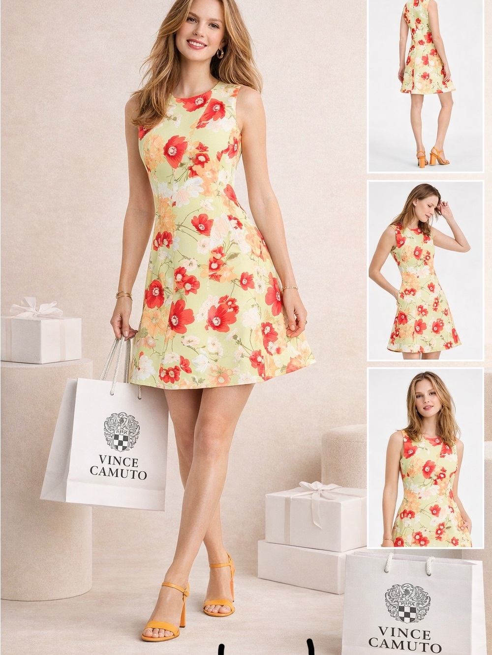 Vince Camuto Yellow Floral Sleeveless Fit-and-Flare Dress